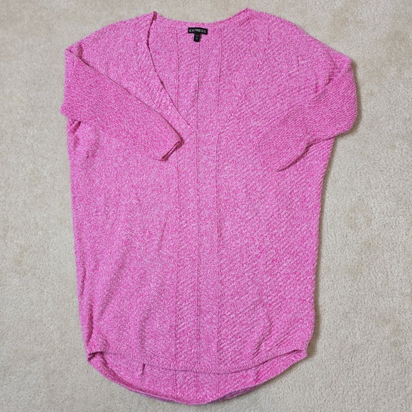 EXPRESS Pink Marled Deep V Neck Sweater Tunic Top 1/2 Sleeve Women's Size M - Picture 4 of 6